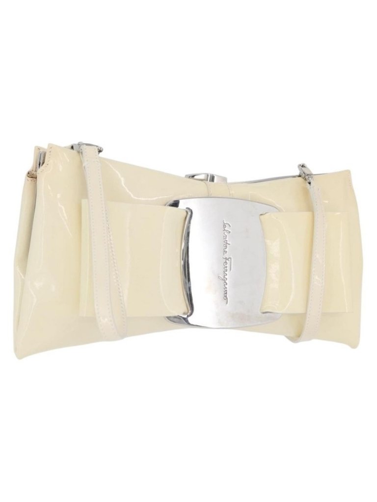Authentic Salvatore Ferragamo Shoulder Bag Patent Leather Cream Silver
